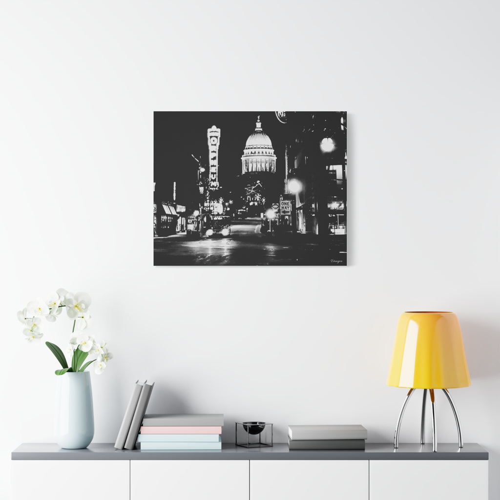 Black & White Cityscape Matte Canvas Print — Nighttime Street Scene- Madison, WI