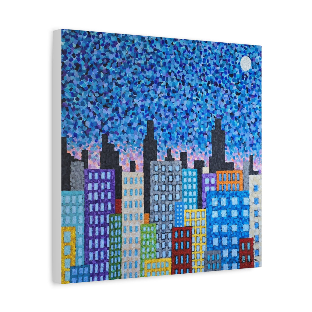 Cityscape Canvas Art – Colorful Night Skyline Matte Stretched Canvas